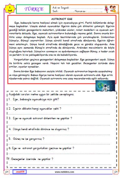 3. Sınıf Türkçe Okuma ve Anlama Etkinliği  ( Astronot Ege )